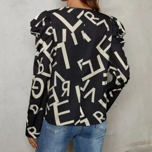 Letter Notched Neck Puff Sleeve Button down Blouse - Picture 6 of 6